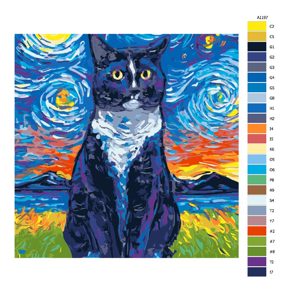 Návod pro malování podle čísel Sedící kočka pestrobarevná