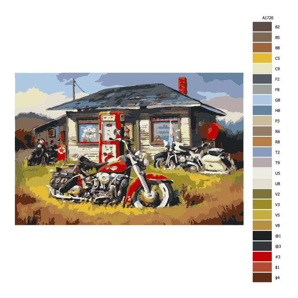 Návod pro malování podle čísel Motorky před domem