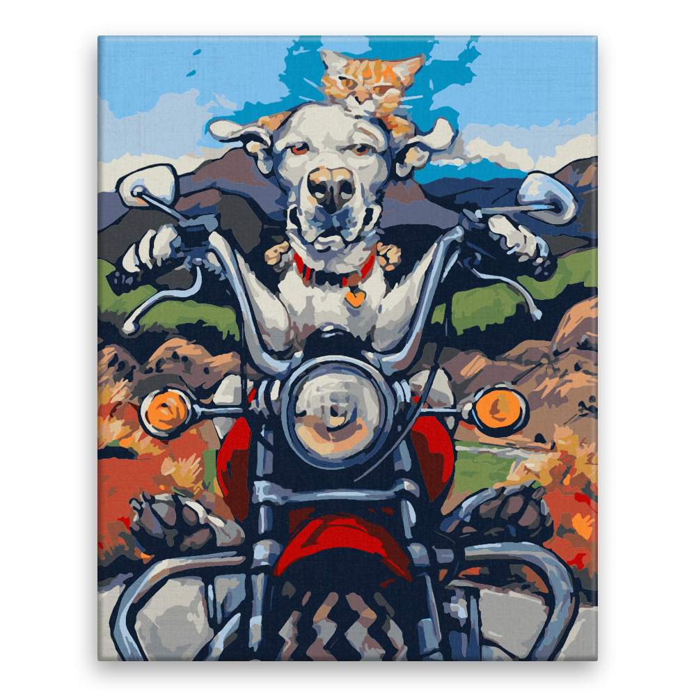 Malování podle čísel Pes s kočkou na motorce
