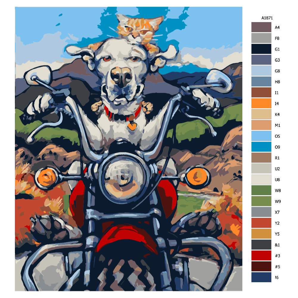 Návod pro malování podle čísel Pes s kočkou na motorce