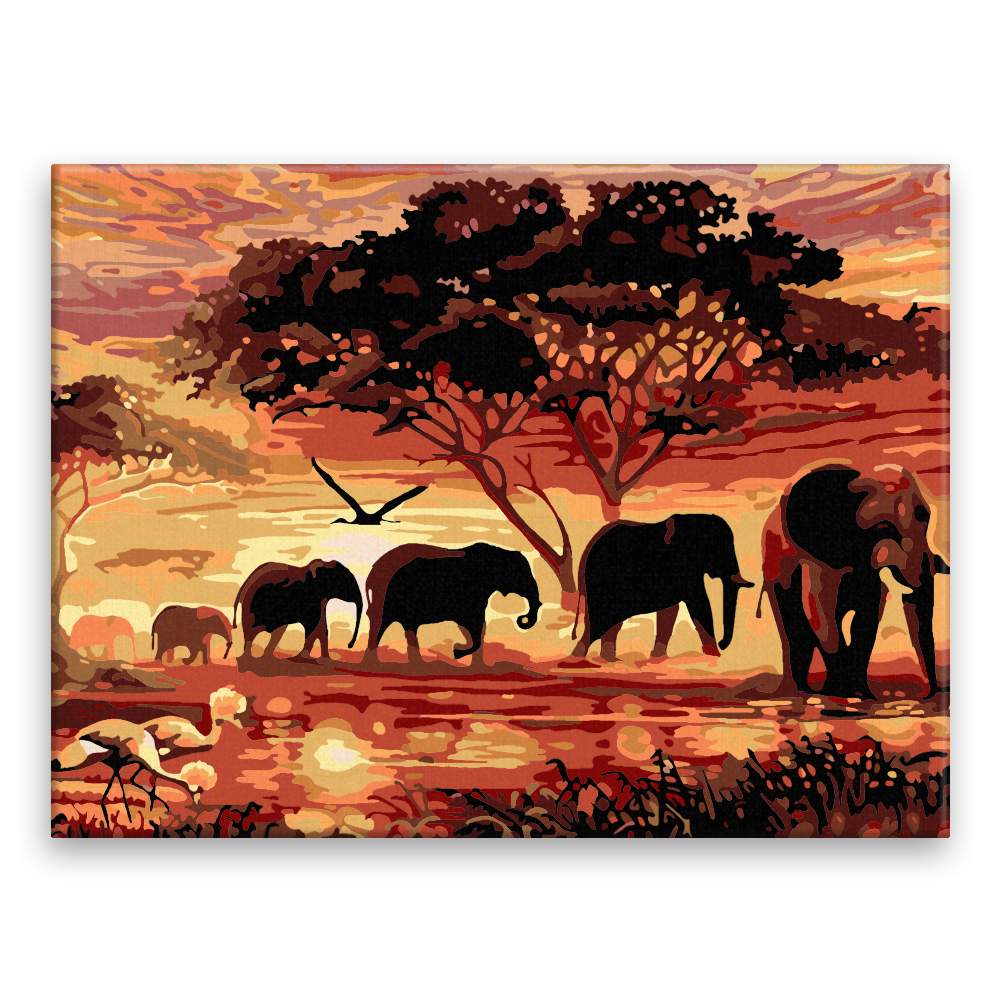 Malování podle čísel Sloni a západ slunce