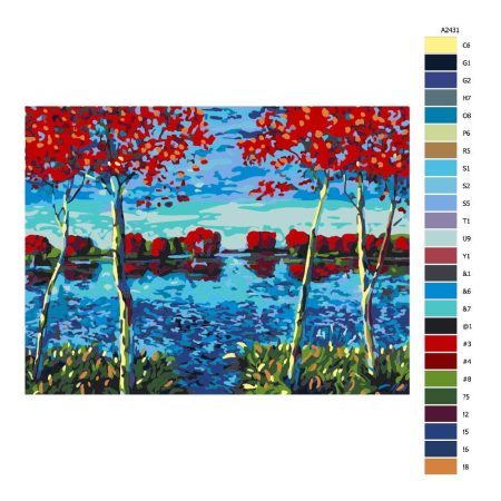 Návod pro malování podle čísel Stromy tyčící se nad jezerem