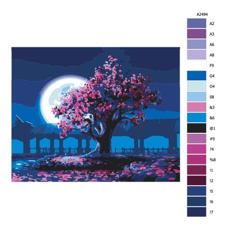 Návod pro malování podle čísel Rozkvetený strom v japonské zahradě