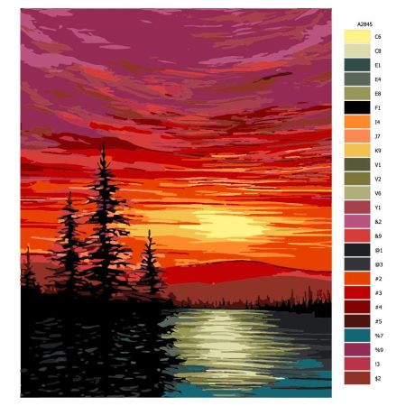 Návod pro malování podle čísel Západ slunce nad jezerem